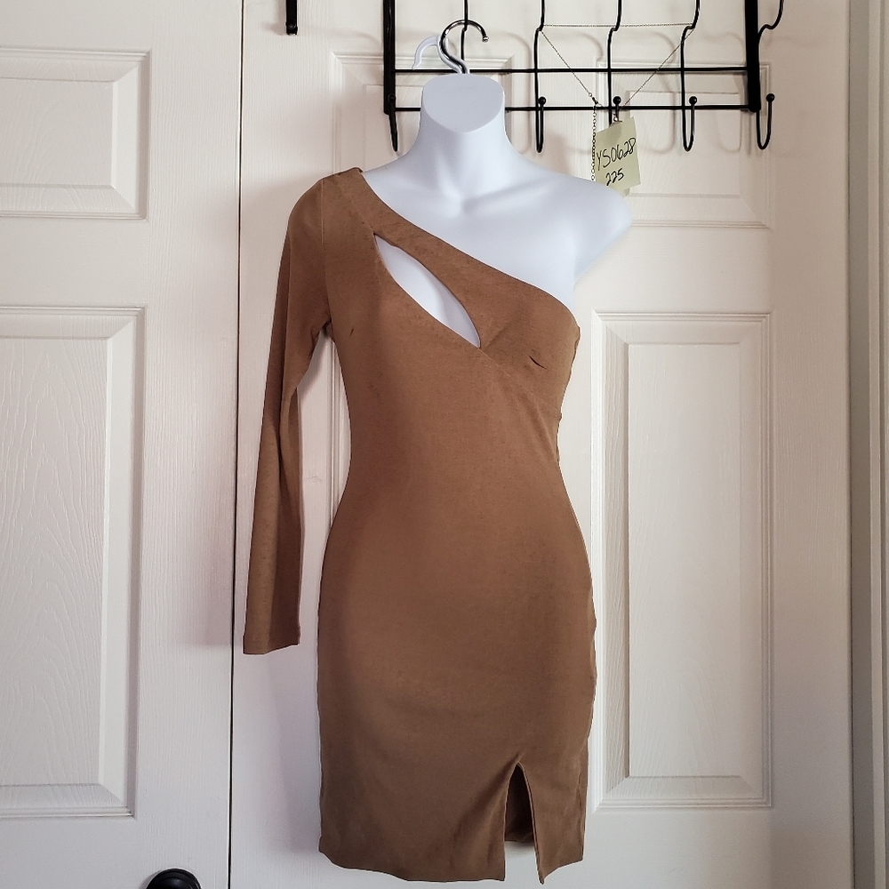 Princess Polly‎ Asher One-Sleeve Cutout Mini Dress Slit Brown Tan Bodycon Size 4